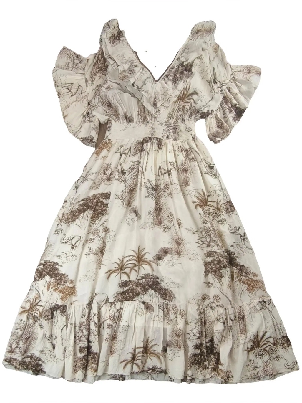 Ivory Toile Print Ruffle Midi Dress